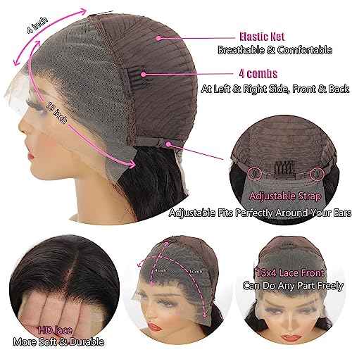 Deep Wave Lace Front Wigs Human Hair Wigs for Black Women 13x4 HD Transparent Lace Frontal Glueless Wigs Human Hair Pre Plucked 180% Density Natural Black natural color 24 inch