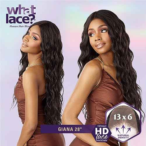 Sensationnel What Lace 13X6 Wigs - Giana 28 Inch Human Hair Blend Lacefrontal Glueless Synthetic With Natural Density Preplucked Hairline (1B OFFBLACK)