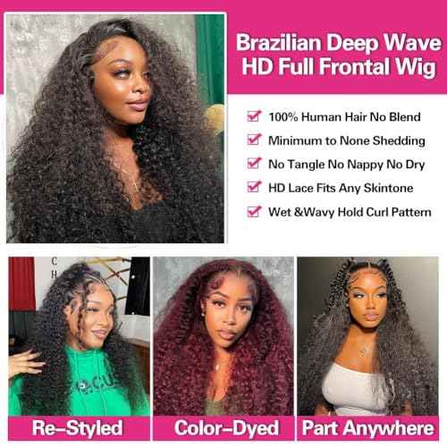 XVE 13x4 Deep Wave Wig Human Hair Pre Plucked 200% Density Wet And Wavy Human Hair Wigs For Women Transparent Lace Frontal Curly Wigs Brazilian Hair Glueless Wigs Natural Black Color 24 Inch