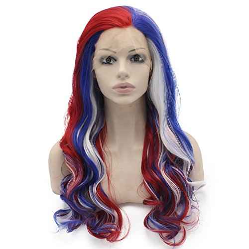 MX angel Long Wavy Swiss Lace Front Blue Red White Mix Colorful Cosplay Party Wig