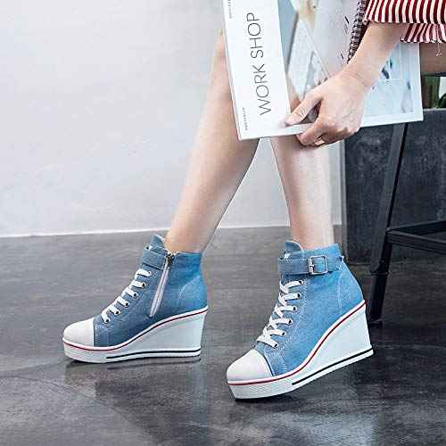 Women's Sneaker Shoes High Heel Fashionable Canvas Shoes High Tube Lace Up Wedge Edge Zipper Slope Angle Shoes Size 4-11