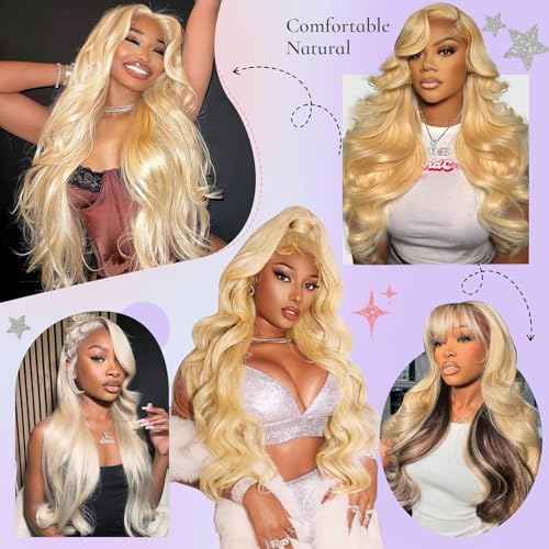 613 13x6 Lace Front Wig Human Hair 200 Density HD Body Wave Blonde Lace Front Pre Plucked Lace Frontal Wig, 24-Inch