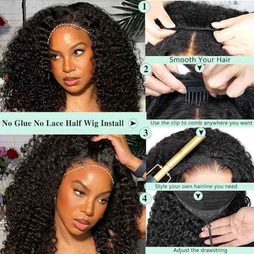Burmese Curly Half Wigs Human Hair with Drawstring And Spiral End,200% Density Wear And Go Glueless Wigs Curly 3 In 1 Half Wig for Women,Wet And Wavy Water Wave Human Hair,Natural Black(20 Inch)