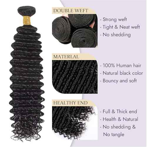 Deep Wave Human Hair Bundles, 20 Inch 13A Deep Wave Bundles Human Hair, Wet and Wavy 100% Brazilian Virgin Quick Weave Curly Single Bundle for Women, Natural Black Color