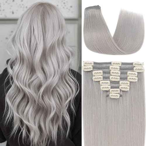 Clip in Hair Extensions Human Hair S-noilite Gray Human Hair Short Hair Clip in Extensions Full Head 8 Pieces/18 Clips 100% Real Human Hair Silky Straight 10"-70g Light Gray (#G1)