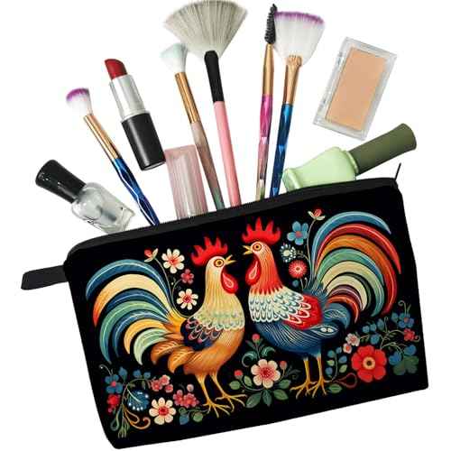 Floral Roosters Makeup Bag Colorful Chicken Small Organizer Bag Zipper Pouch Ethnic Style Roosters Print Cosmetic Bag Present for Women Friends