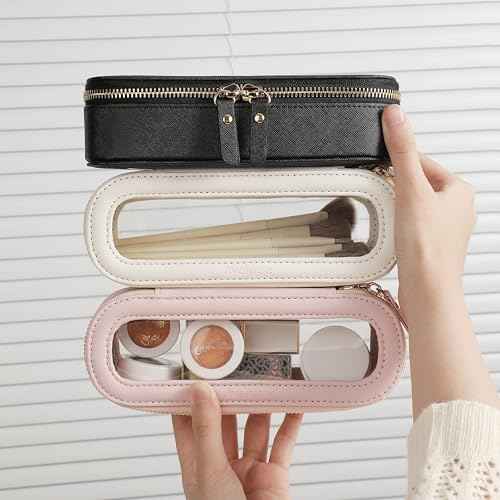 Aveniee Slim Clear Makeup Brush Bag, Small Cosmetic Brush Holder, Mini Toiletry Bag Travel Case for Women, Thin Make up Bags with Dual Zipper, Cute Travel Essentials Bag Organize - Taupe