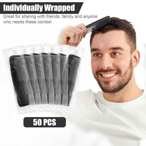 NICEMOVIC Pocket Combs Bulk for Men 50 Pack, Homeless Supplies Bulk, Mens Hair Beard Barber Disposable Wide Fine Tooth Travel Plastic Small Mini Comb Set Individually Wrapped for Hotel Shelter (Black)
