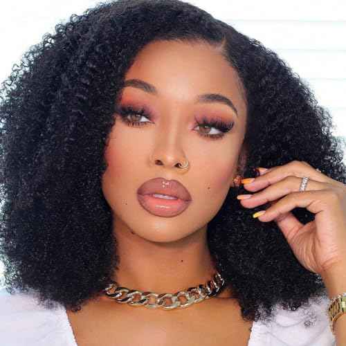 Domiso 13x6 Curly Afro Lace Front Human Hair Wigs Afro Kinky Curly Transparent Lace Front Wigs Deep Parting 200% Density Afro Wigs Knots Bleached Hairline Pre Plucked Natural Black Color 20 Inch