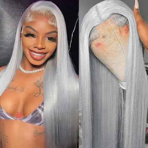 Grey Lace Front Wigs Human Hair Pre Plucked Straight 13x6 Hd Lace Front Wig Human Hair Pre Plucked with Baby Hair 180% Density Silver Gray Colored Glueless Wigs for Black Women 22 inch
