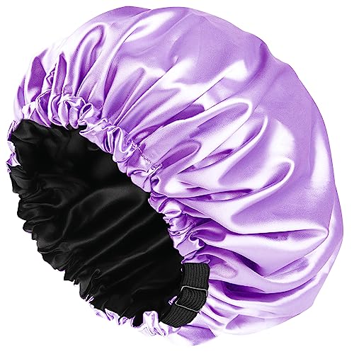 Shower cap for women,Luxury Silk Lined Shower Cap, Machine Washable, Adjustable Size & Reusable,Large Satin Shower Cap for all hair-purple