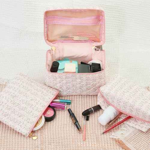3Pcs Quilted Pink Floral Makeup Bag Cosmetic Bag for Women Teen Girls,Cute Flowers Make Up Bags,Aesthetic Large Cotton Cosmetic Pouch,Flower Coquette Travel Toiletry Organizer Storage Bag