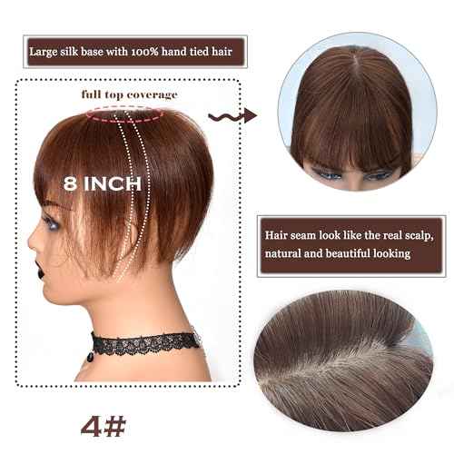 Hair Topper with Bangs Crown Coverage 5 * 5.5'' Cap size, 130% Density Straight Remy Hair Full Hand Tied Hair Piece (Medium brown, Bangs 4#, 8 Inch)