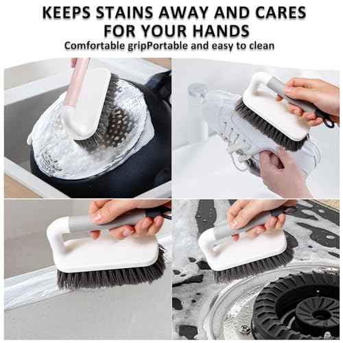 Scrub Brush, Scrubbing Cleaning Brushes, Heavy Duty Cleaning Brushes with Handle, for Shower, Bathroom, Carpet, Kitchen and Bathtub Scrubber, 2 Pack (Grey)