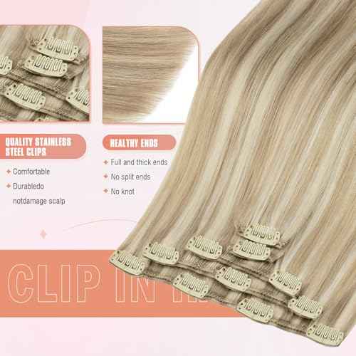 Hair Clip In Hair Extensions Straight Remy Clip In Hair Extensions Real Human Hair Light Blonde Highlighted Golden Blonde 20inch 80g 5pcs