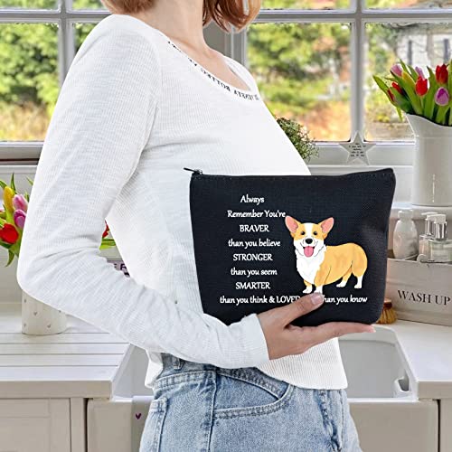 LEVLO Corgi Dog Cosmetic Make up Bag Corgi Lover Gift Corgi You Are Braver Stronger Smarter Than You Think Makeup Zipper Pouch Bag For Dogs Owner Corgi Mom (Corgi Black)