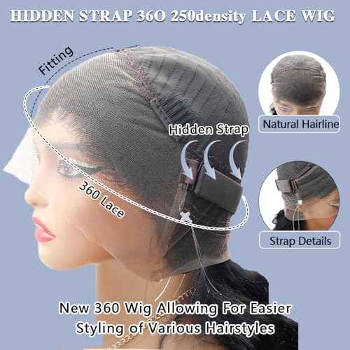 Hidden Strap 360 Lace Front Wigs Human Hair 250% Density Straight Human Hair Wigs for Bkack Women 360 Full Lace Wigs Human Hair with Drawstring 9A Natural Hairline (Natural Black, 18Inch)