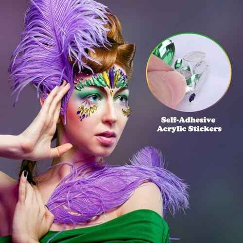 Wehhbtye 4 Set Mardi Gras Face Jewels Stickers, Self-Adhesive Mardi Gras Eye Gems Sticker, Glitter Face Crystals Decoration for Women Party Costume Cosplay Makeup Dress-up Decor