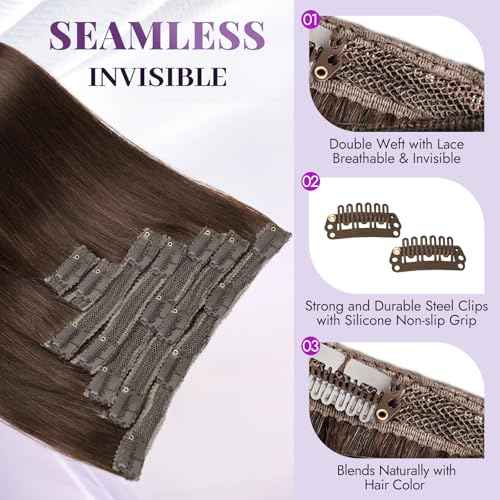 Clip in Extensions Real Human Hair Dark Brown Remy Lace Weft 20 Inch 7PCS 120g for Women