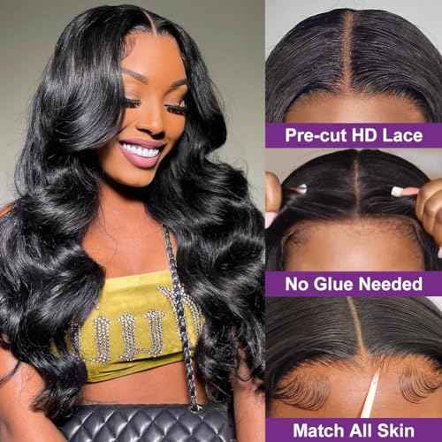 Body Wave Glueless Wig Human Hair 28 Inch Pre Plucked Pre Cut Glueless Lace Front Wig Ready to Wear 6x4 Body Wave Closure Wig 180% Density Human Hair Bleached Knots Natural Black