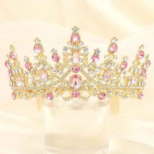 CURASA Gold Princess Crown Pink Tiara for Little Girls Tiaras and Crowns for Women Queen Crowns Birthday Crown Adult Women Fairy Crown Quinceanera Crown Headpiece Wedding Crown for Bride
