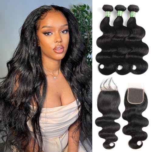 beauty youth Brazilian Hair Body Wave Human Hair Bundles With Closure(14 16 18 + 12) Body Wave Lace Closure with Bundles Unprocessed Body Wave Human Hair Extensions Weave with Closure Natural Color