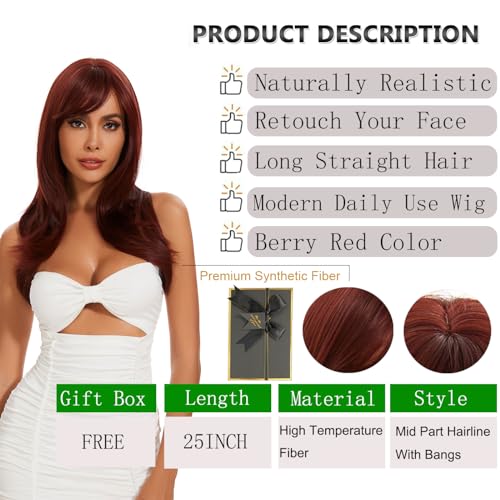 DAWANQU Red Wig With Bangs Long Body Straight Wigs Hair Preplucked Hairline Natural Wigs for Women Synthetic Wig Hair Long straight hair wigs with bangs (25 Inch, Berry Red)