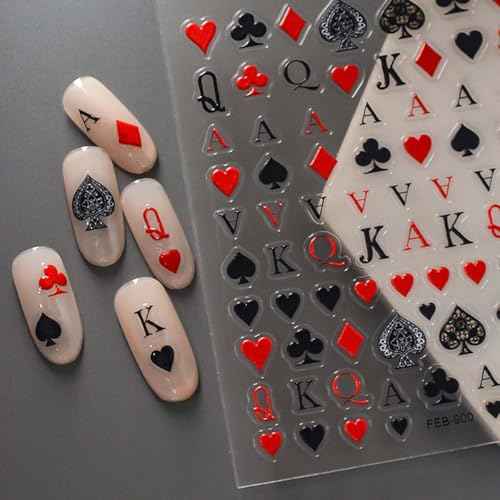 Poker Nail Stickers for Nail Art Palying Card Nail Decals Hearts Spades Clubs Diamonds Stickers for Nails Designs 3D Self Adhesive Nail Supplies & Decorations for Women Girls 1 Sheet