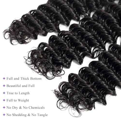 Deep Wave Human Hair Bundles 12A Brazilian Virgin Human Hair Bundles 18 20 22 Inch Wet and Wavy Curly Bundles Human Hair Extensions for Black Women Natural Black Color