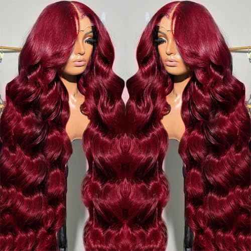 Gemlong 22 Inch 99J Burgundy Lace Front Wigs Human Hair Body Wave 13x4 HD Transparent Pre Plucked Glueless Lace Frontal Wig Human Hair 200% Density Red Wine Colored Human Hair Wigs for Women