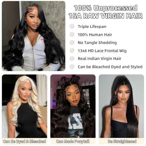 13x6 Body Wave Lace Front Wigs Human Hair Wig 15A Raw 250 Density Indian HD Lace Frontal Human Hair Wigs for Women (24 Inch)