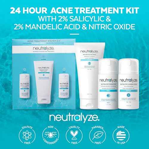 Neutralyze Moderate to Severe Acne Treatment Kit 2.0 - Maximum Strength 3 Step Acne Kit with 2% Salicylic Acid, 2% Mandelic Acid & Nitric Oxide - Includes Face Wash, Clearing Serum & Synergyzer