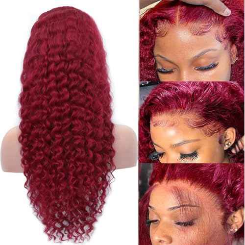 Burgundy Lace Front Wigs Human Hair 99J 13x4 Curly Lace Frontal Wigs HD Transparent Wet and Wavy Wig Red Color Curly Wig Pre Plucked with Baby Hair for Women 26 Inch 180 Density