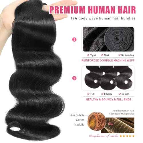 Body Wave Human Hair Bundles 18 20 22 Inch Body Wave Bundles Human Hair 100% Unprocessed 12A Brazilian Raw Virgin Hair 3 Bundles Real Human Hair Extensions Natural Color