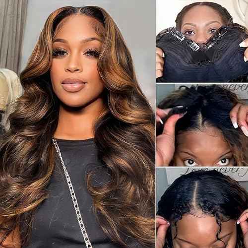 U Part Human Hair Wig Body Wave Highlight #1b/30 Ombre Brown Wig 180% Density U Part Wig Half Brazilian Virgin 100% Human Hair Wigs For Black Women Clip In Glueless No Leave Out Wig 22Inch