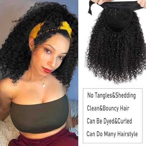 Kinky Curly Headband Wigs Curly Headband Wig Human Hair for Black Women 150% Density Headband Wig Human Hair Glueless None Lace Front Wigs Headband Half Wigs Natural Color 20Inch