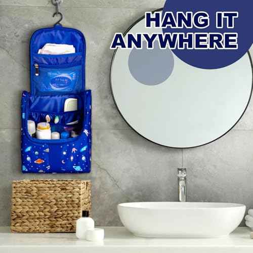 Cute Cartoon Hanging Kids Toiletry Bag Children Travel Cosmetic Makeup Organizer Wash Bag Shower bag Over Night Bag Camping Shaving Kit Bag for Boys & Girls (Astronaut)