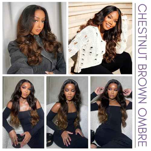 Chestnut Ombre Bundles With 13x4 Hd Lace Frontal Human Hair Body Wave, 12A Dark Brown 3 Bundles Human Hair And Frontal Ear To Ear Free Part #T1B/2/30 3 Tones Colored Sew In Extension 10 12 14+10