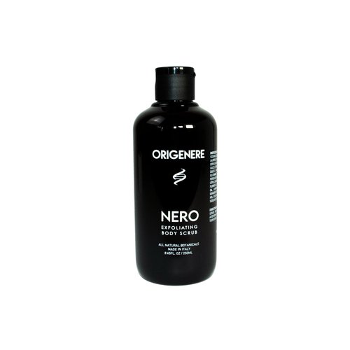 Origenere Nero Exfoliating Body Scrub. All-Natural Botanicals, Brazilian black clay, Avocado Oil, Sandalwood, Mandarin Orange, Ginger, Orange flower water. Detoxyfying Formula.