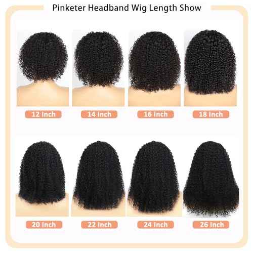 Headband Wig Human Hair Kinky Curly None Lace Front Wig 150% Density Glueless Wigs for Black Women Natural Color (Headband Wig, 18inch)