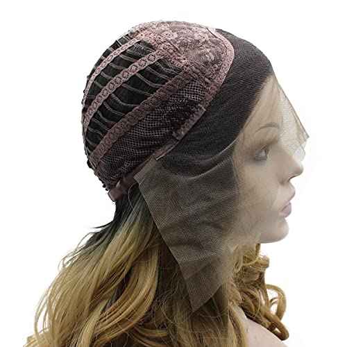 MX angel Long Black Roots Blonde Ombre Hand Tied Ombre Synthetic Wig Lace Front Heat Resistant Fiber Hair