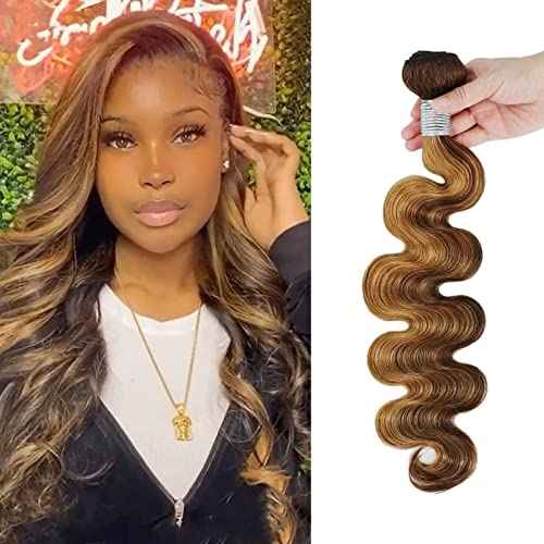 Honey Blonde Highlight Body Wave Single Bundles 28inch Human Hair, 12A 100% Unprocessed Virgin P4/27 Ombre Brown Brazilian Wavy Weaves Thick Track Balayage Colored Human Hair Bundles Remy Sew In