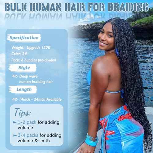 Human Braiding Hair for Boho Braids 150g 24 Inch 6 Bundles/Pack Dark Brown Human Hair Deep Wave Bundles Boho Hair for Braiding 12A Knotless Human Hair Braiding Hair Curly Hair Extensions 2#