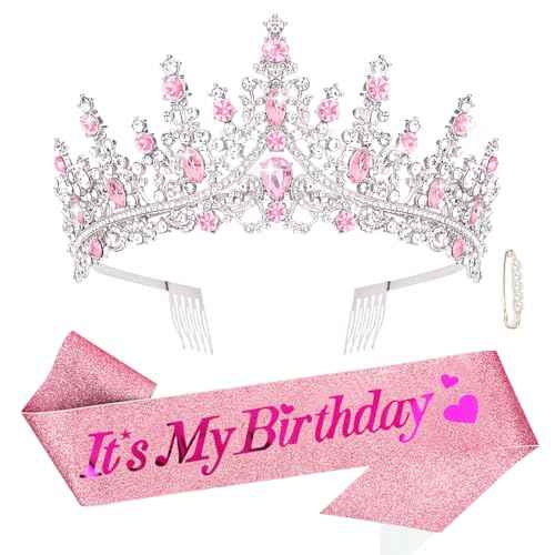 CURASA Birthday Sash and Crown - Pink Birthday Tiara for Women - Princess Crown Party Favors