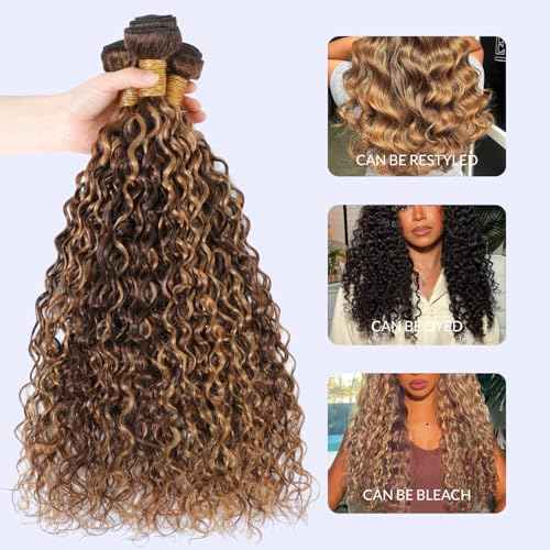Highlight Water Wave Ombre Honey Blonde Curly Bundles, 4/27 Brown Highlighted Wet and Wavy Bundle Weave, Soft 12A 100% Virgin Hair 3 Bundles 10 12 14 Inch