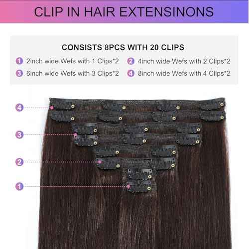 Dark Brown Clip in Hair Extensions, 24 Inch 120g, 2 Dark Brown Hair Extensions Real Human Hair, Invisible Seamless Remy Human Hair Clip Extensions for Women 8pcs Per Set with Double Weft