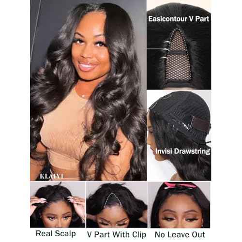 KLAIYI EasiContour V Part Wig Human Hair Body Wave Glueless Upgrade U Part Wig No Leave Out No Gel Clip in Half Wig V Shape Pull and Go Beginner Friendly Ready to Wear Natural Black Color 150% 16Inch