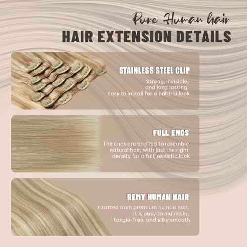Clip in Hair Extensions Real Human Hair 14 Inch 80g 7Pcs Remy Extensions Double Weft Straight Hair Extensions for Add Volume (14in, 80g, #16/22)