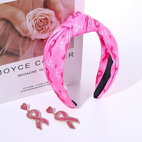 HEIDKRUEGER Pink Ribbon Headband for Women,Wide Knotted Headbands Breast Cancer Awareness Headbands Pink Ribbon Ear Jewelry Accessories for Women Girls Survivor Month Gifts (Pattern A)