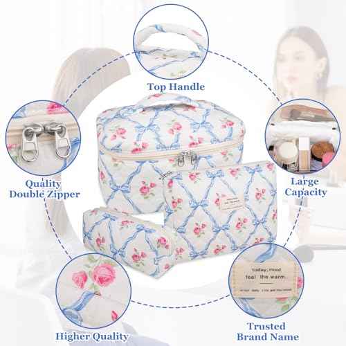 Makeup Bag Set, Quilted Makeup Bag, Large Floral Cosmetic Bag for Women, Cute Cotton Makeup Bags, Flower Travel Toiletry Organizer Bag (Blue Flower)